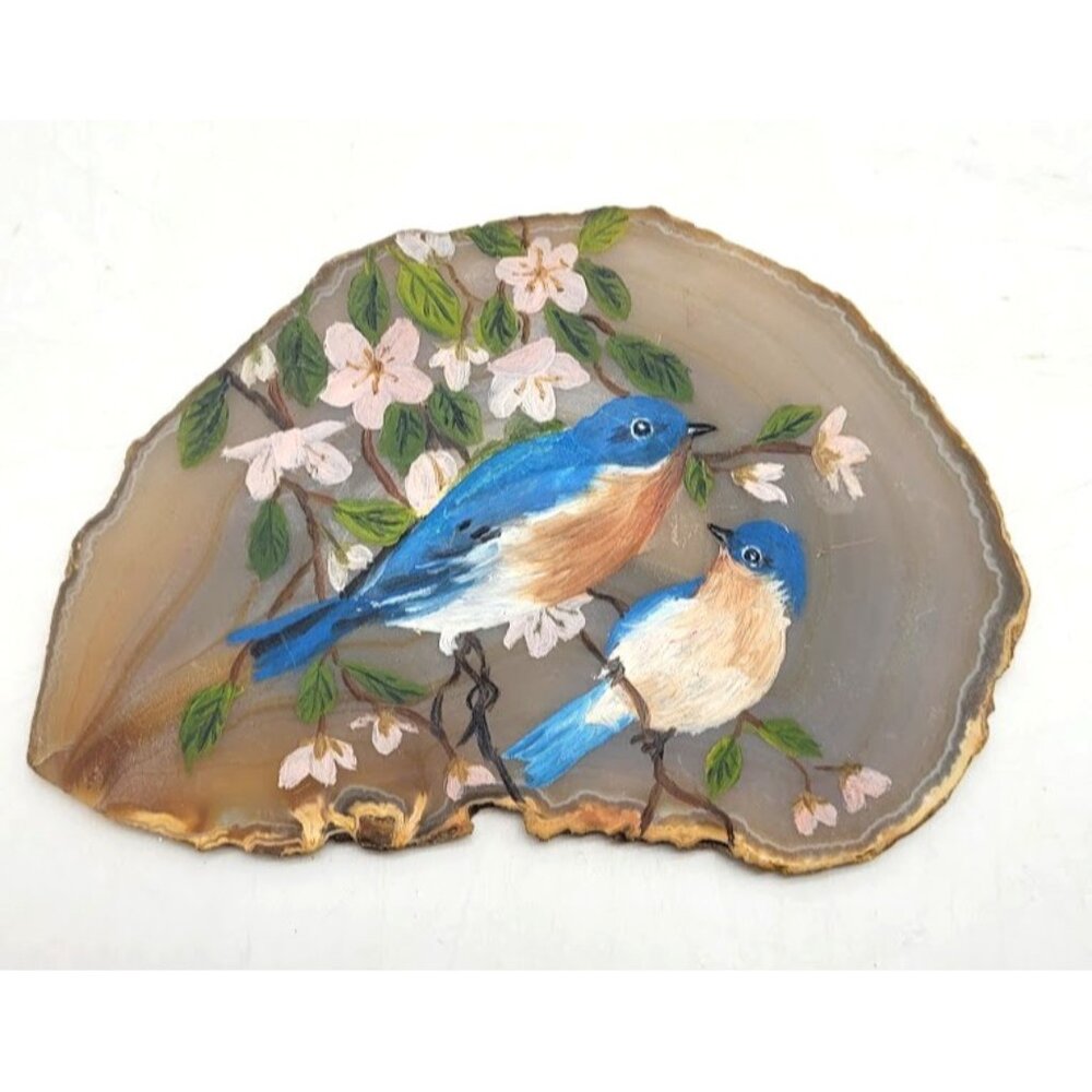 Hand Painted Agate Stone Nature Rock Painting Bird Floral OOAK Signed Gift Vine